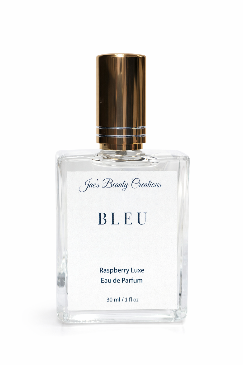 Perfume bottle labeled 'Bleu' by Joe's Beauty Creations on a light blue background